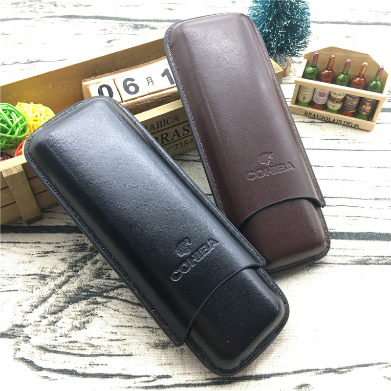 

COHIBA Brown Color and Black Color Leather Holder 2 Tube Travel Cigar Case Humidor For smoking