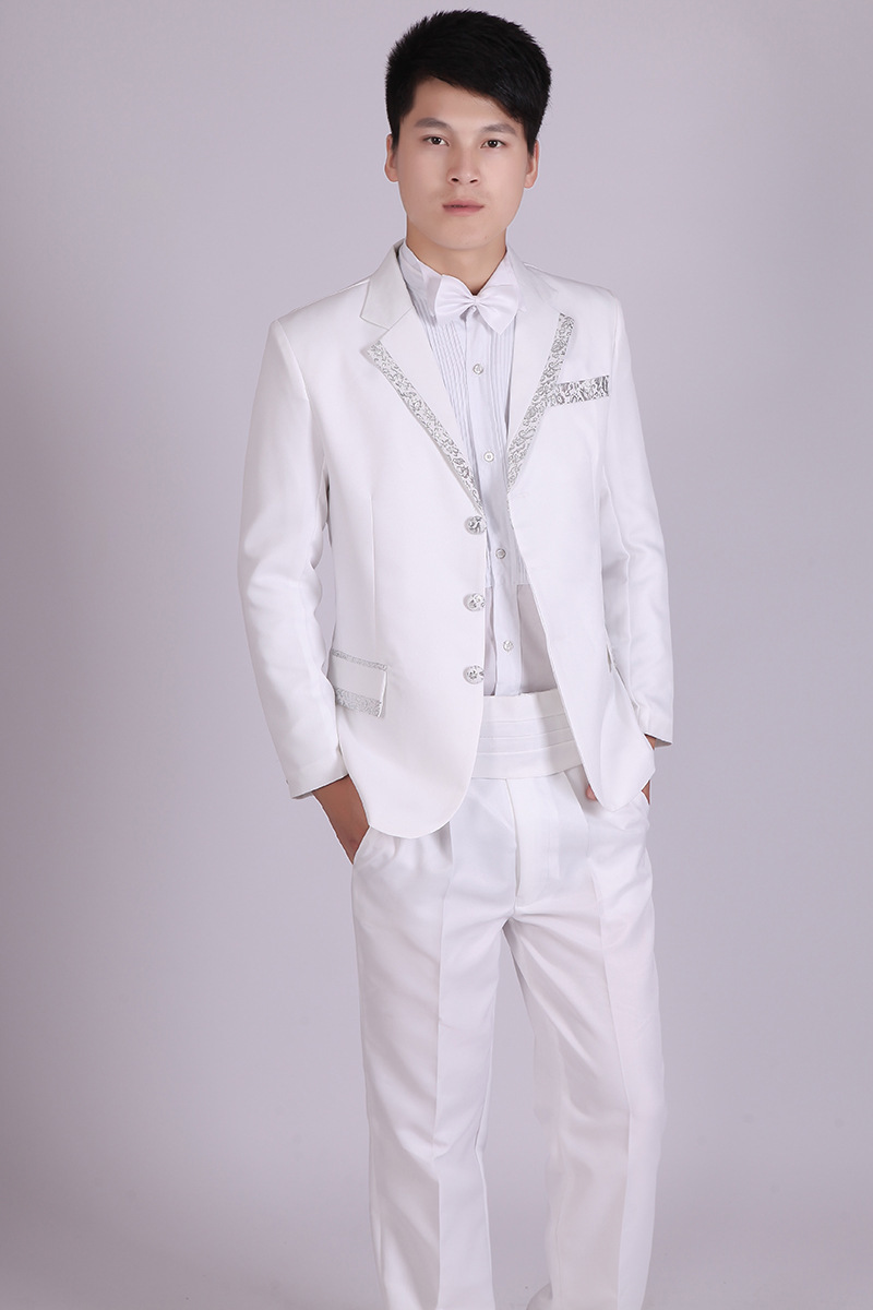

Wholesale- (Jacket+Pants) Three Buttons Mens White Silver Wedding Suit Men Master Stage Show Host Singer Cheap Suits, Q230152