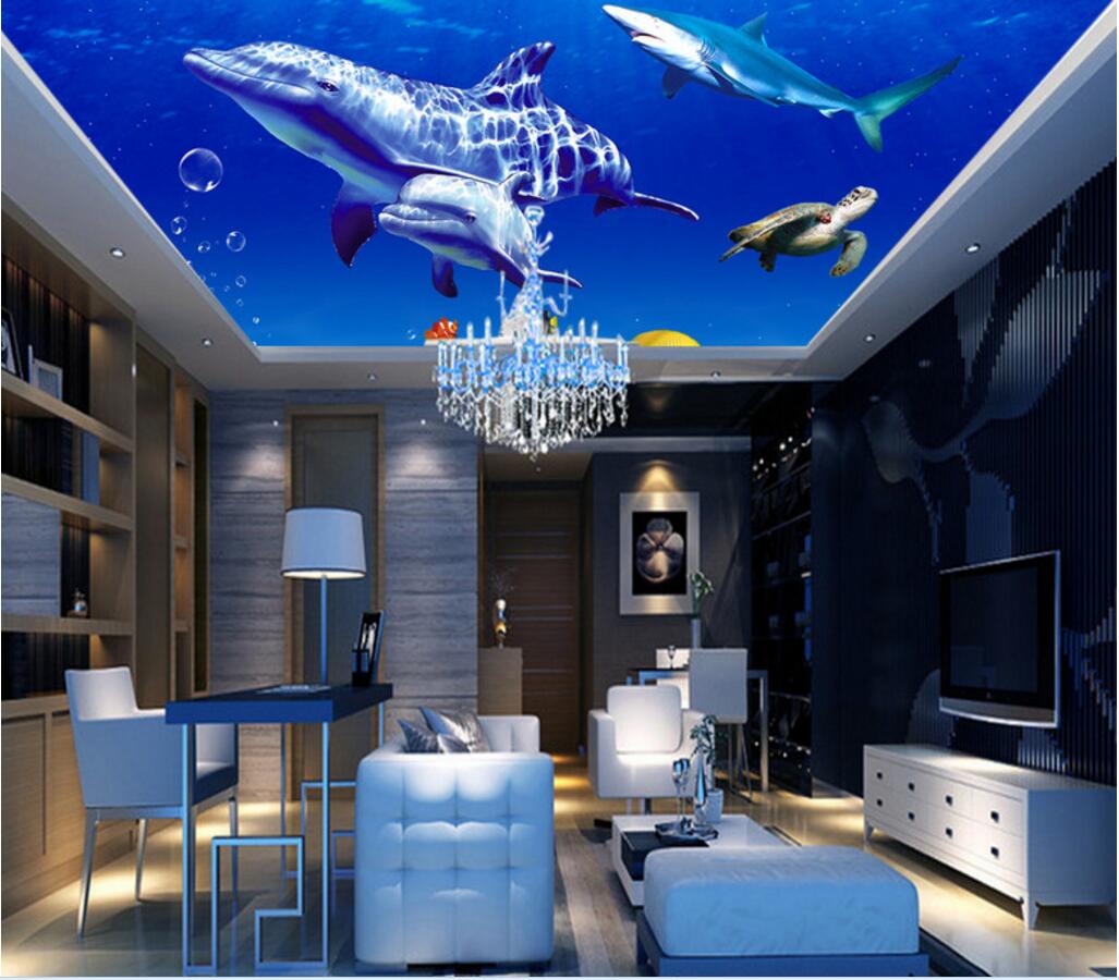 

3d ceiling murals wallpaper custom photo non-woven mural 3 d wall murals wallpaper for walls 3d Sea World Whale Turtle decoration painting, Picture shows