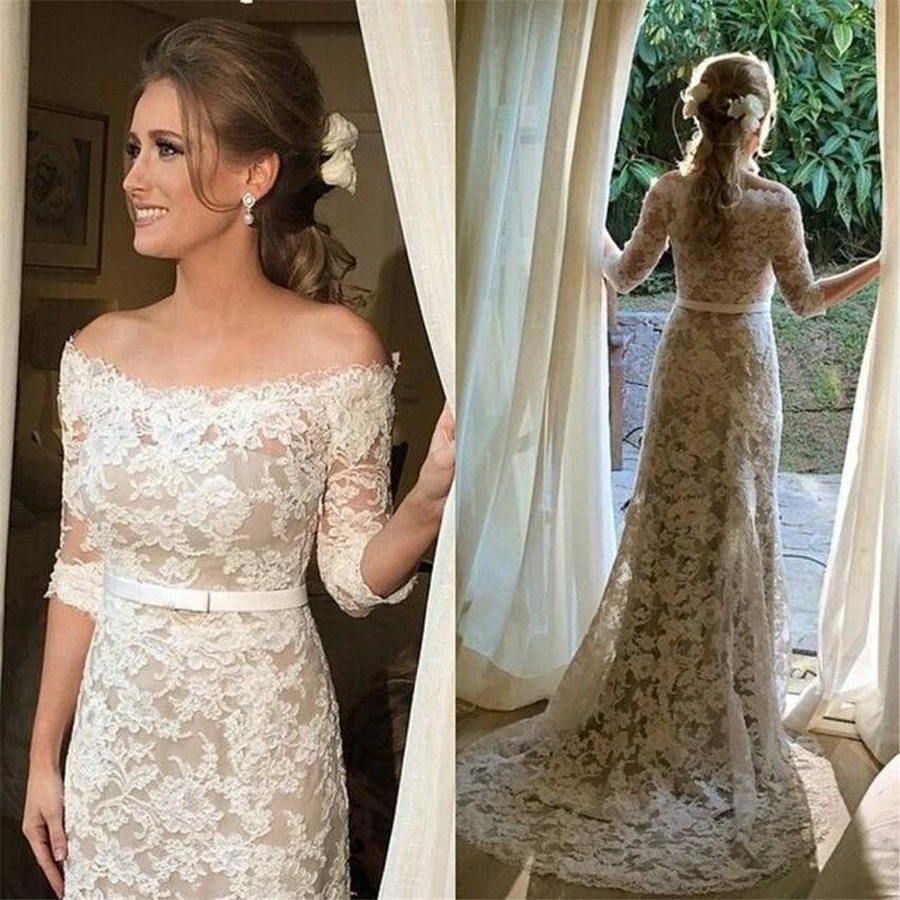 

Boat Neck Lace Wedding Gown Off-the-shoulder Mid Sleeves Champagne / Ivory Sheath Half Sleeves Wedding Dress Vestido de Noiva, White