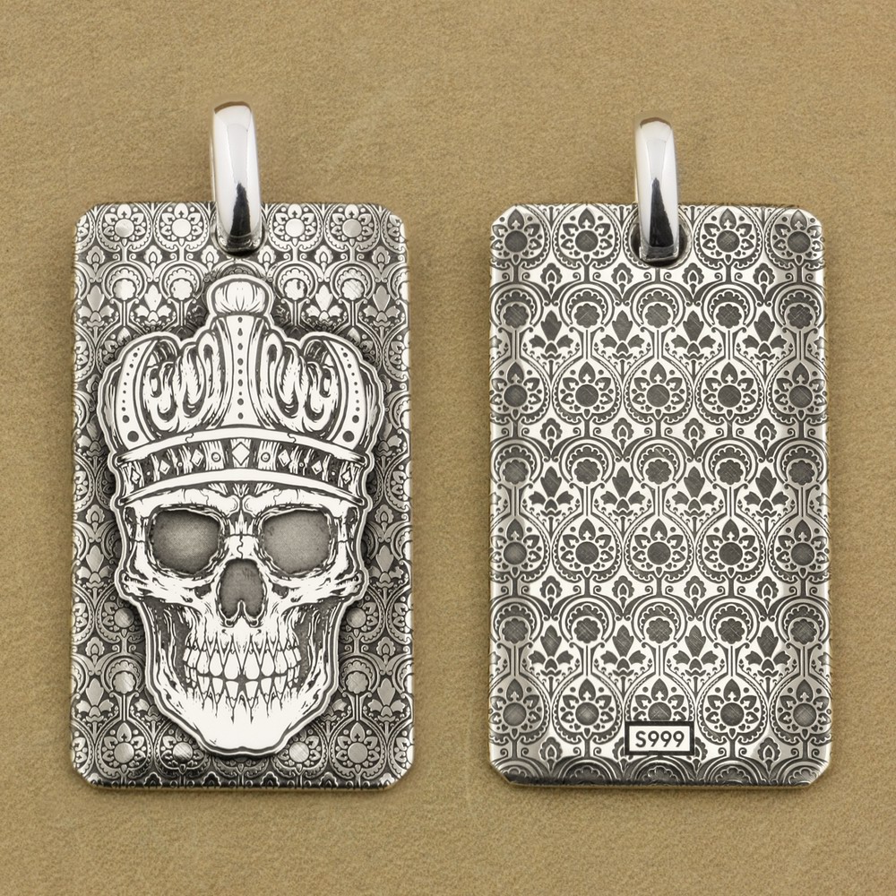 

LINSION High Detail 999 Sterling Silver Crown Skull DogTag Mens Biker Rock Punk Pendant 9X035S Just Pendant