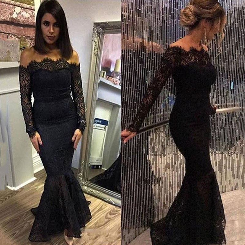 

Sexy Boat Neck Black Mermaid Evening Dresses Long Sleeves Lace Appliques Sweep Train Floor Length Evening Party Dresses Evening Gowns, Red