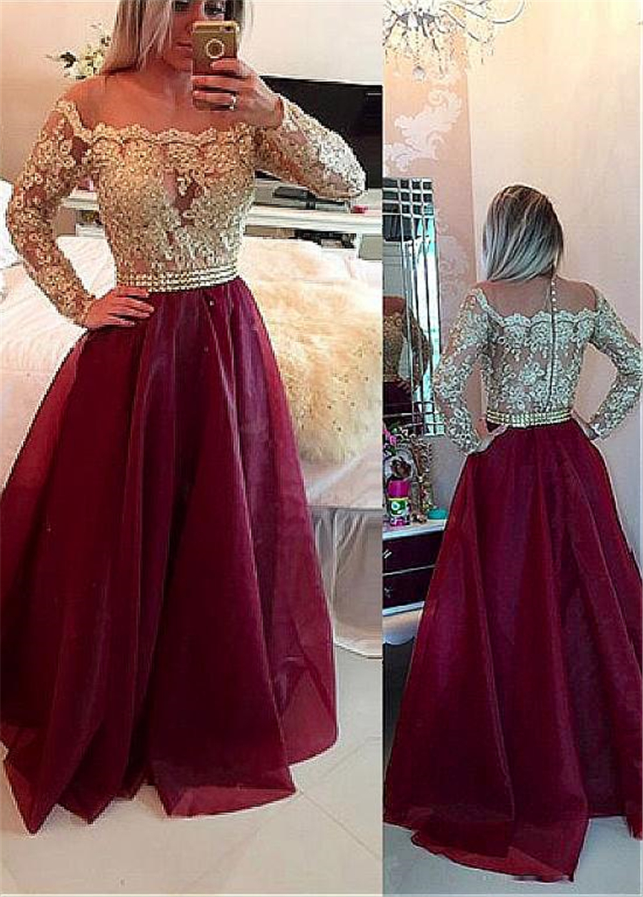 

Organza Off the Shoulder Neckline A-line Prom Dresses With Lace Appliques & Beadings & Rhinestones Two Stones Evening Dress, Red