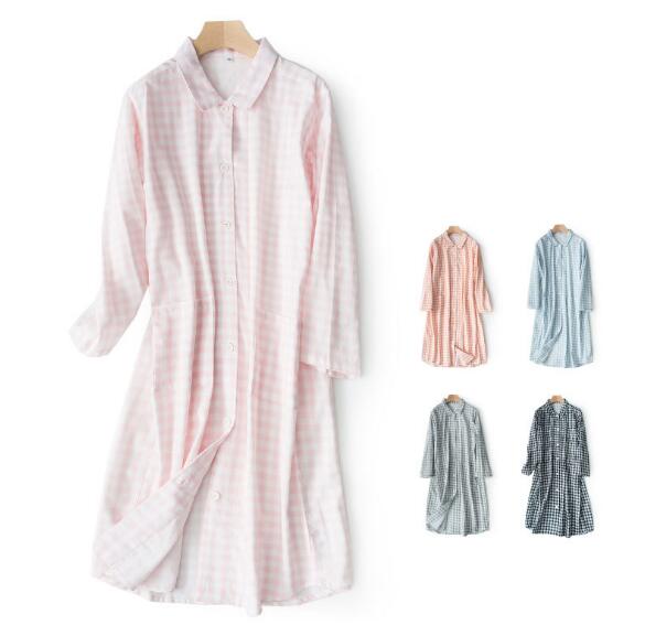 

Small lattice double-layer yarn Pajama stand collar long-sleeved dress female summer cotton cardigan spring and summer, Black