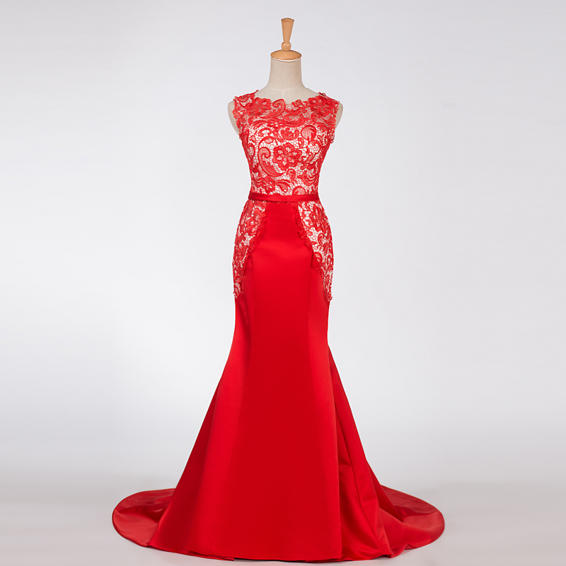Jewel Neck Lace Satin Mermaid Evening Dresses Sweep Train 2019 Red Long Evening Gowns Lace Up