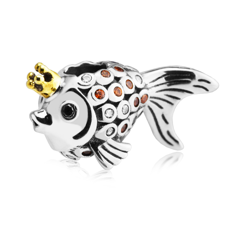 925 sterling silver jewelry Crown goldfish beads Gold plated charms fit pandora bracelet & necklace for woman jewelry making charms-image-401177310