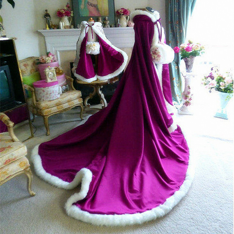 

Winter Grape-Purple satin floor Length Hooded Girls Cape Wedding Cloaks Faux Fur Jacket For Winter Kid Flower Girl Coats, Gold