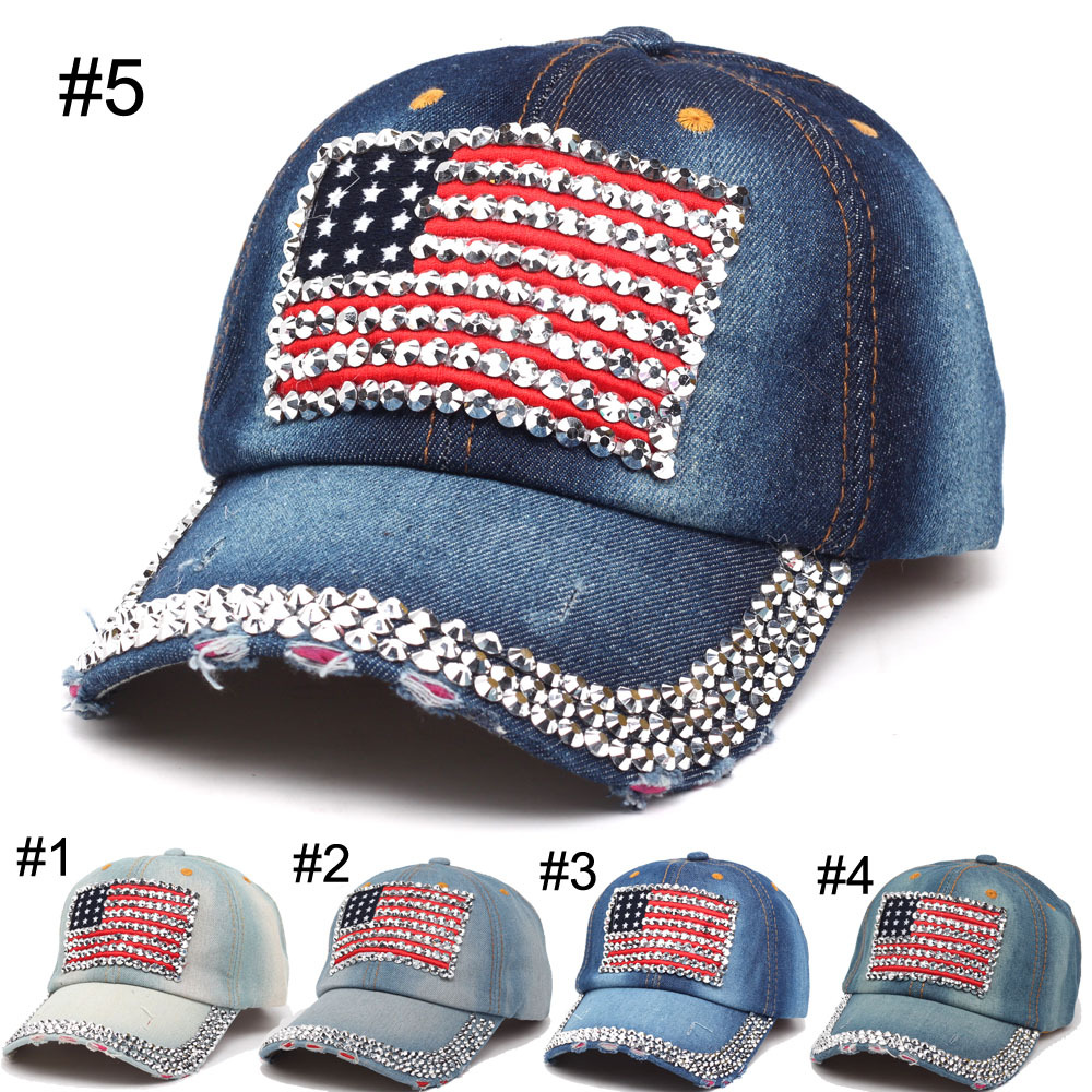 

Hot sale USA United States American flag baseball caps adjustable jeans denim rhinestone men women snapback hat cap M002, Multi