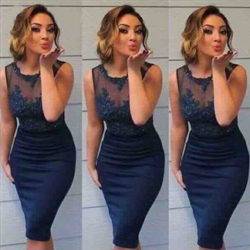 

Navy Blue Sheath Short Prom Dresses 2017 Sheer Neck Lace Appliques Sleeveless Evening Gowns Knee Length Cocktail Party Dress Cheap, Lilac