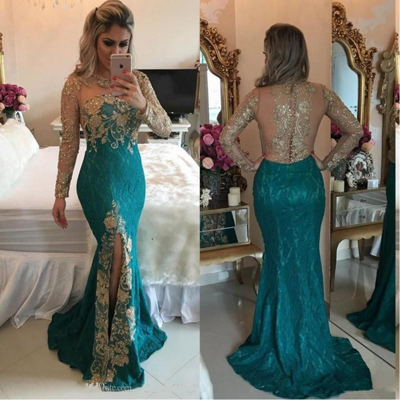 Long Sleeve Turquoise Mermaid Prom Dresses Arabic Style Backless Sparkly Beaded Applique Front Split Sheer Evening Party Gowns 2019 New P263