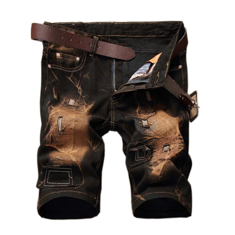 

Wholesale- Plus Size Mens Vintage Denim Shorts Distressed Skinny Ripped Hole Shorts with Patches Top Quality, White gray