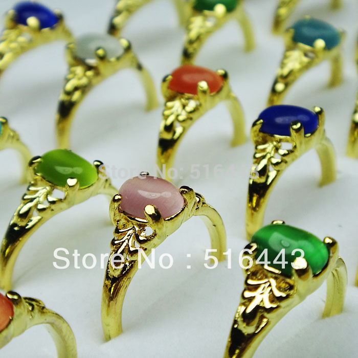 Wholesale Jewelry Lots 100pcs Mix Color Beautiful Natural Cat eye Stones Gold Plated Rings Free Shipping