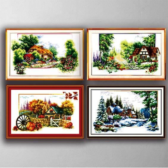 

A series of four seasons rhythm scenery cross stitch , Handmade Cross Stitch Embroidery Needlework sets counted print on canvas 14CT /11CT