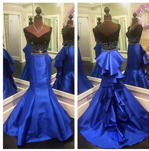 Two Piece Royal Blue Mermaid Prom Dresses 2019 Sweetheart Beaded Crystal Long Ruffles Taffeta Formal Evening Dresses Custom Made