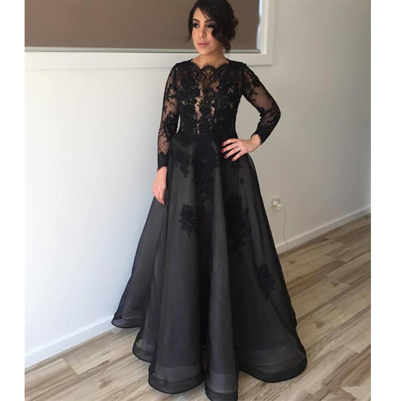 Full Sleeve Black Appliques A Line Prom Dress Lace New Classic Long Floor Length Custom Made Special Occasion Evening Gowns Fashion