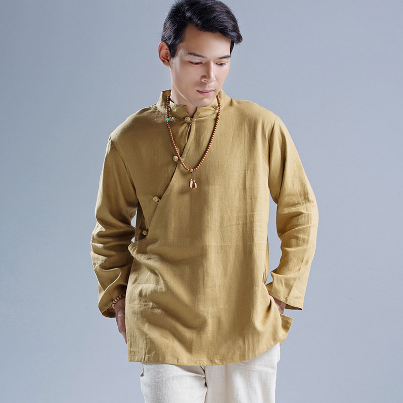 Wholesale- 2016 Men Autumn Clothing Chinese Costume Linen Long Sleeve Casual Shirts Mens Stand Collar Oblique buttons Shirt Q473
