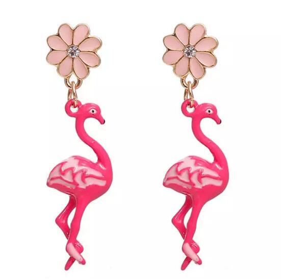 Livraison gratuite! Boucles d'oreilles couleur or rose fleur de flamant rose émail strass clair 47 * 11mm poteau / taille de fil: (calibre 21), 1