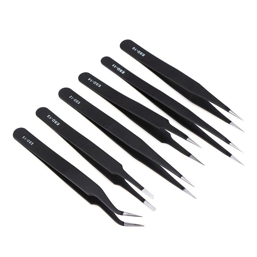 

6PCS ESD Safe Anti-Static Stainless Steel Tweezers Set Maintenance Repair Tools