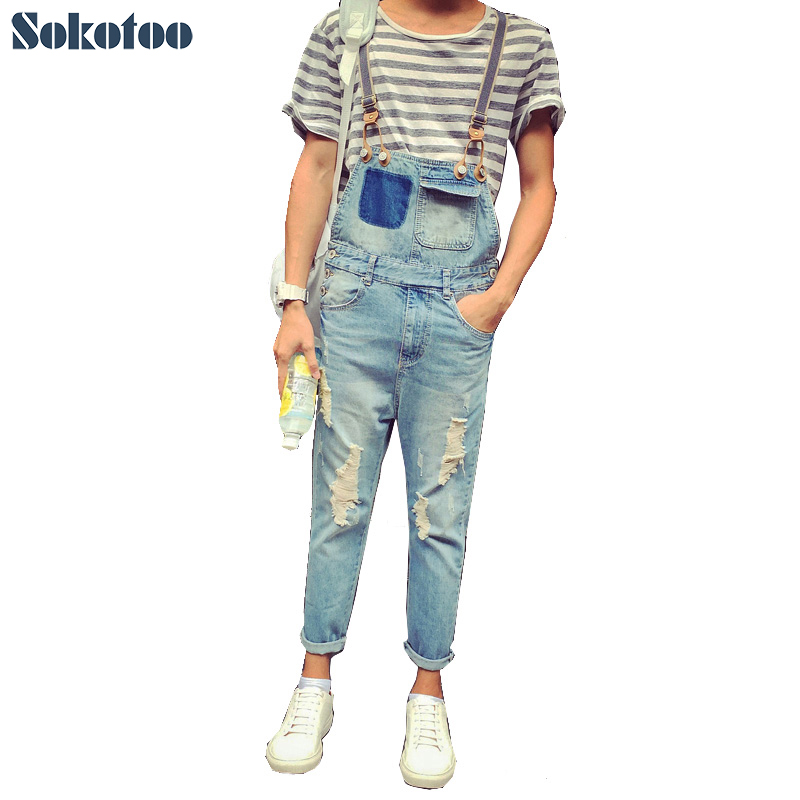 

Wholesale- Sokotoo Men's summer style pockets denim overalls Hole ripped crop jeans for man Ankle length Jumpsuits Free shipping, Blue