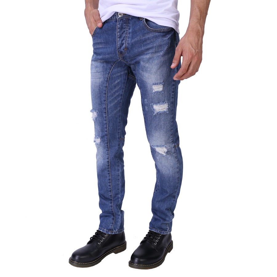 

Wholesale-Men Jeans Fashion Slim Fit Ripped Jeans Denim Button Jeans For Men H0293, As pic