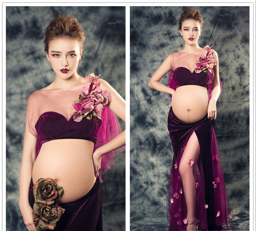 

Maternity Gown Lace Flower fairy Dress Studio Maternity Photography Props Pregnant Women Purple Dresses Photo Shoot