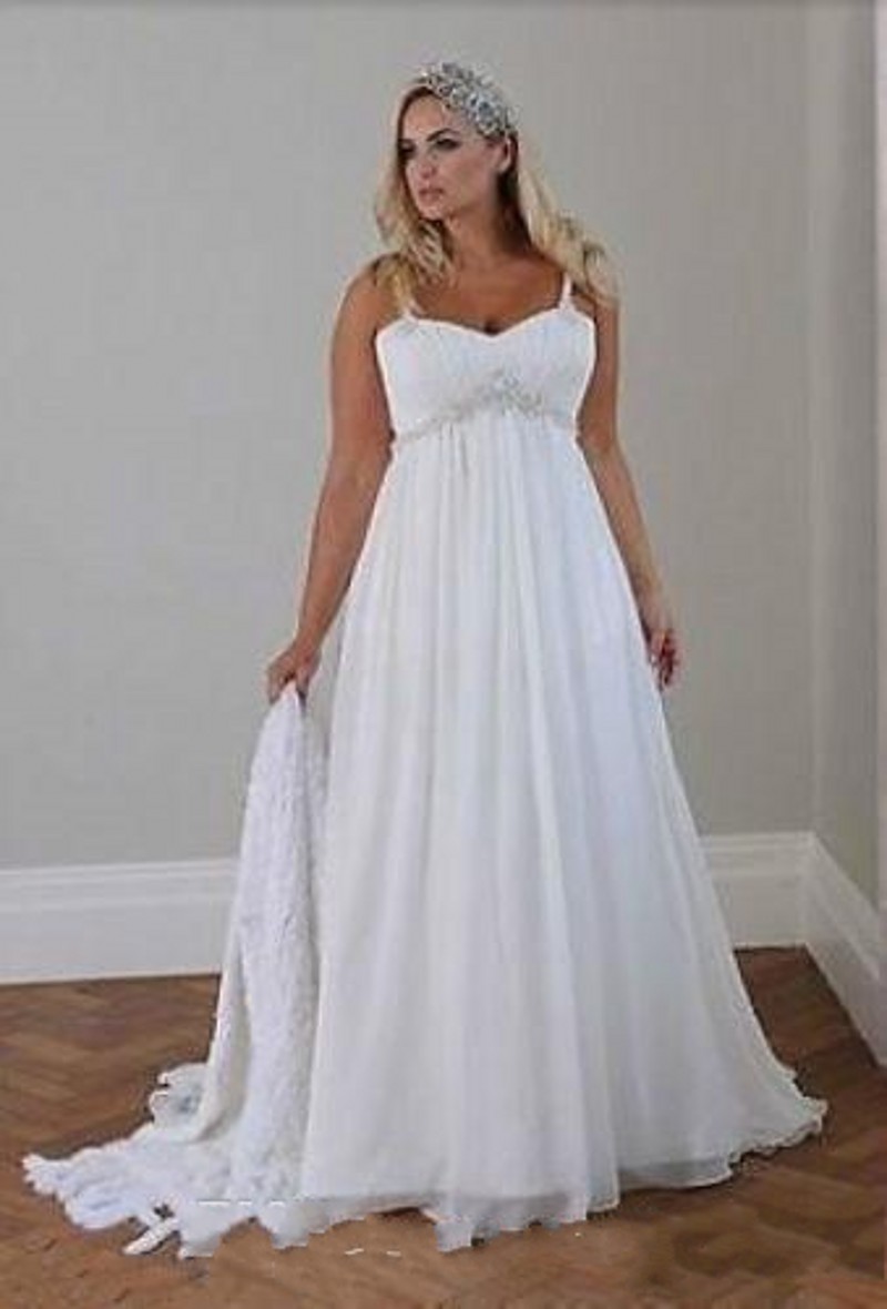 

2020 New Plus Size Casual Beach Wedding Dresses Spaghetti Straps Beaded Chiffon Floor Length Empire Waist Elegant Bridal Gowns 040, Red