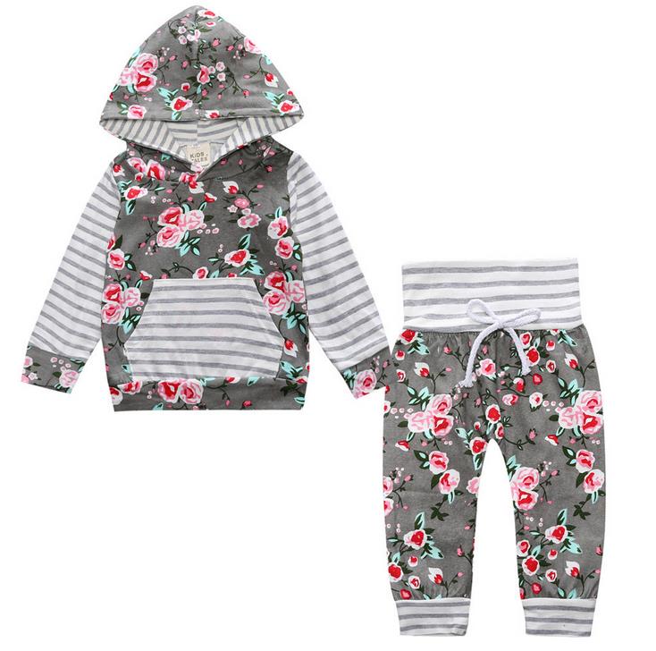 

Ins Apring Autumn Girls Florals Clothing Sets Long Sleeve Stripe Flowers Hooded Tops Tshirt + Pants 2pcs Kids Children Girl Outfits 13210, As the picture