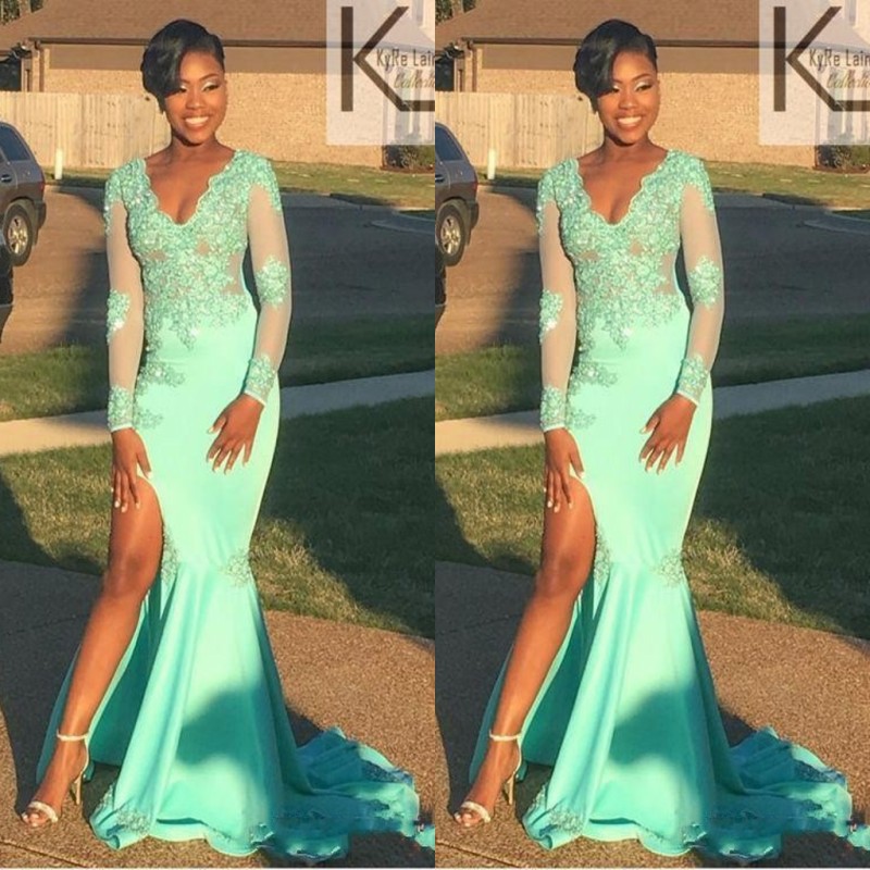 

Mint Green African Dresses Evening Wear V Neck Lace Appliques Beads Illusion Long Sleeves Prom Dress Mermaid Side Split Party Dress Vestidos, Purple