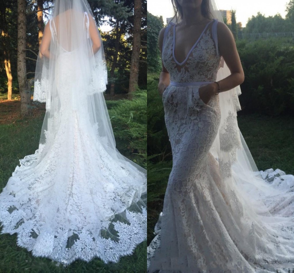 Robes de mariée Sexy dentelle avec poche Ve Deep Cou Trompette Trompette longue Beach Robe de mariée sans voile Sirène Robes de mariée Backless