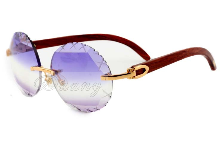 

New Mixed Color Carving Pattern Lens, Fashion Round Retro High Quality Carving Sunglasses 3524012-A Natural Wood Arm , Size: 56-18-135mm