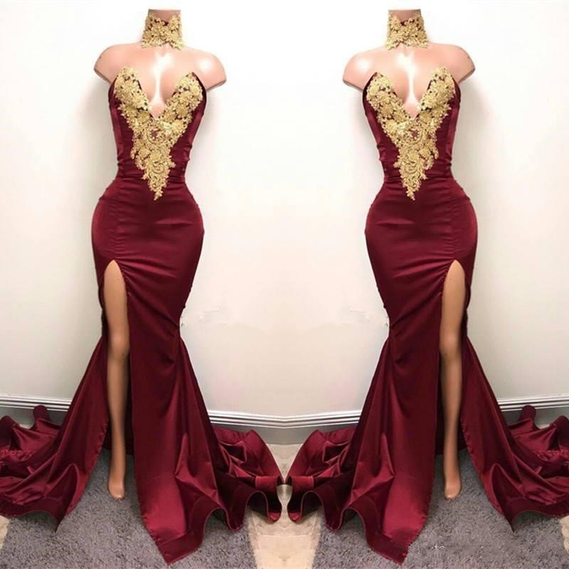 

2019 Sexy Arabic Burgundy Evening Dresses Wear Deep Neck Gold Lace Appliqued Mermaid Front Split 2K18 Elegant Formal Party Dress Prom Gowns, Green