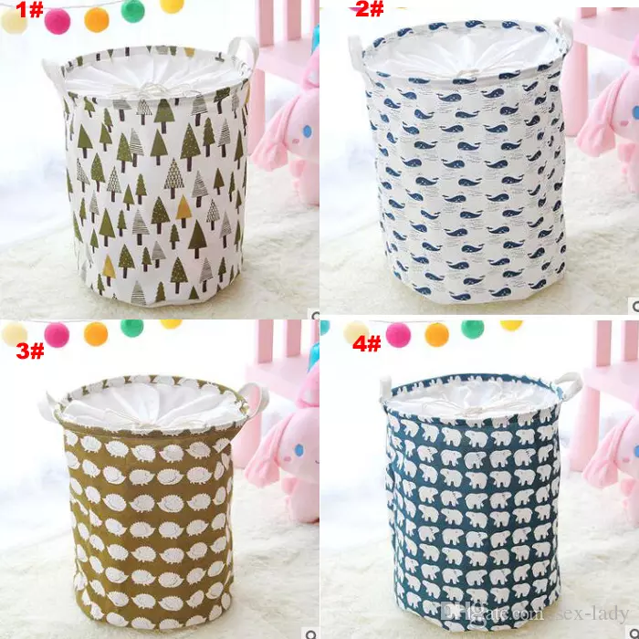 

INS Waterproof Canvas Beam Laundry Basket Tree Bear Hedgehog Pattern Cotton Linen Washing Clothes Storage Basket Folding Storage Box