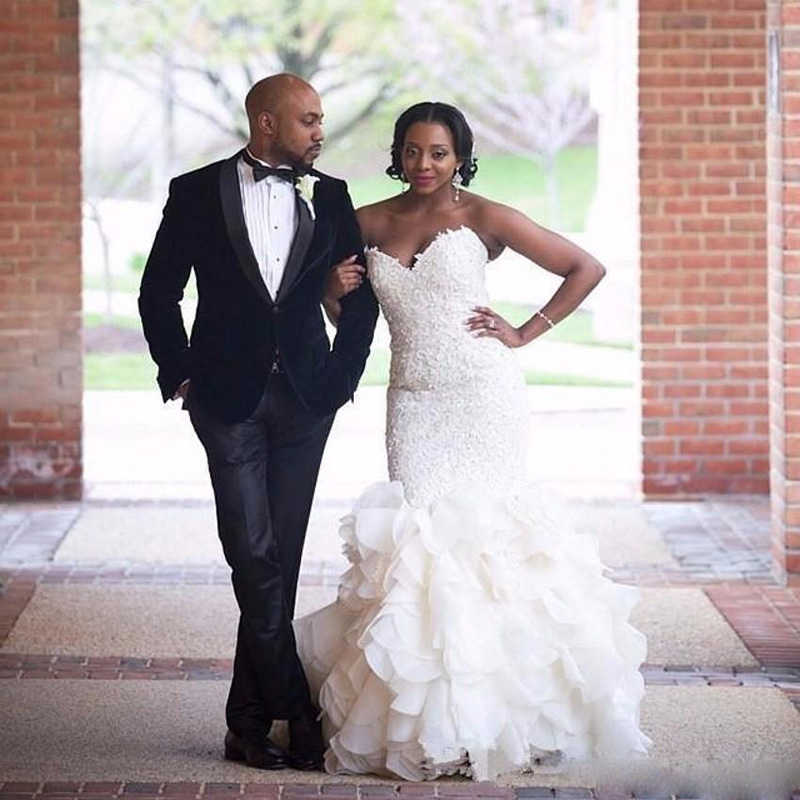 

Plus Size Nigerian Mermaid Sweetheart Wedding Dresses Fat Brides Beaded Lace Appliques Ruffles Organza China Handmade Bridal Gowns Vestido, Red