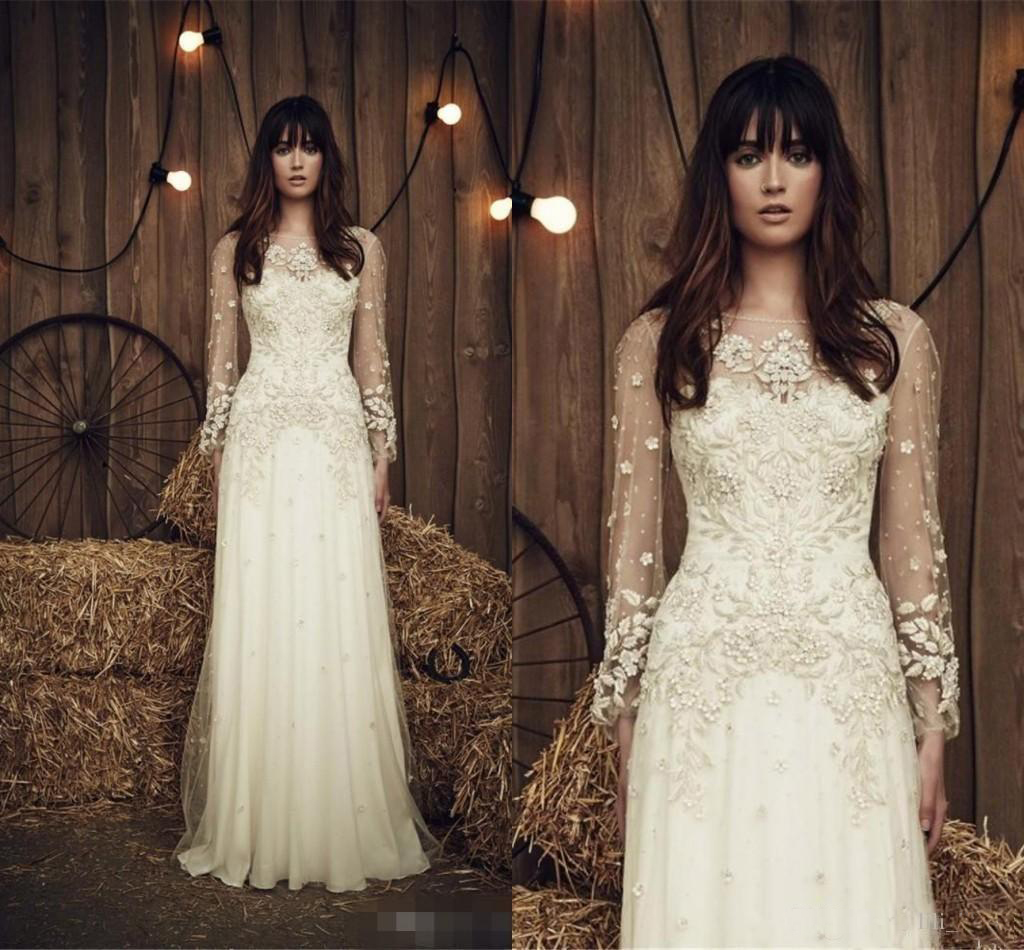 

2019 Jenny Packham Sheer Long Sleeves Ivory Wedding Dresses Illusion Boat Neck Beads Applique Chiffon Bridal Gowns Custom Made, Custom made from color chart