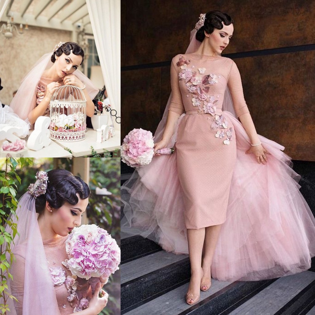

Retro Blush Pink Wedding Dresses Bateau Neck Half Sleeves Handmade Flowers Tulle Sheath Tea Length Vintage Short Wedding Party Dresses, Silver