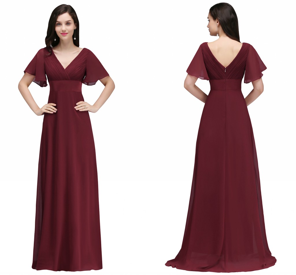 

Wholesale Price Dark Red Long Chiffon Evening Dresses V Neck Low Back Flowy A Line Evening Party Gowns with Speaker Sleeves Cheap Online