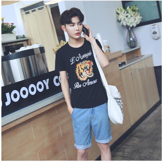 

2017 NEW Hot Sale T-Shirt Men Shortsleeve Stretch Cotton Jersery Tee Men's Embroidery Tiger Printed Bird Snake Crew Collar Casual Tops Male, White