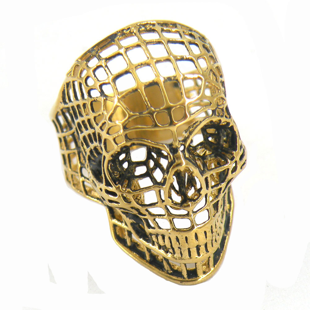 

FANSSTEEL Stainless steel punk vintage mens or womens jewelry gold plating hollow net grid skull biker ring gift for brothers sisters