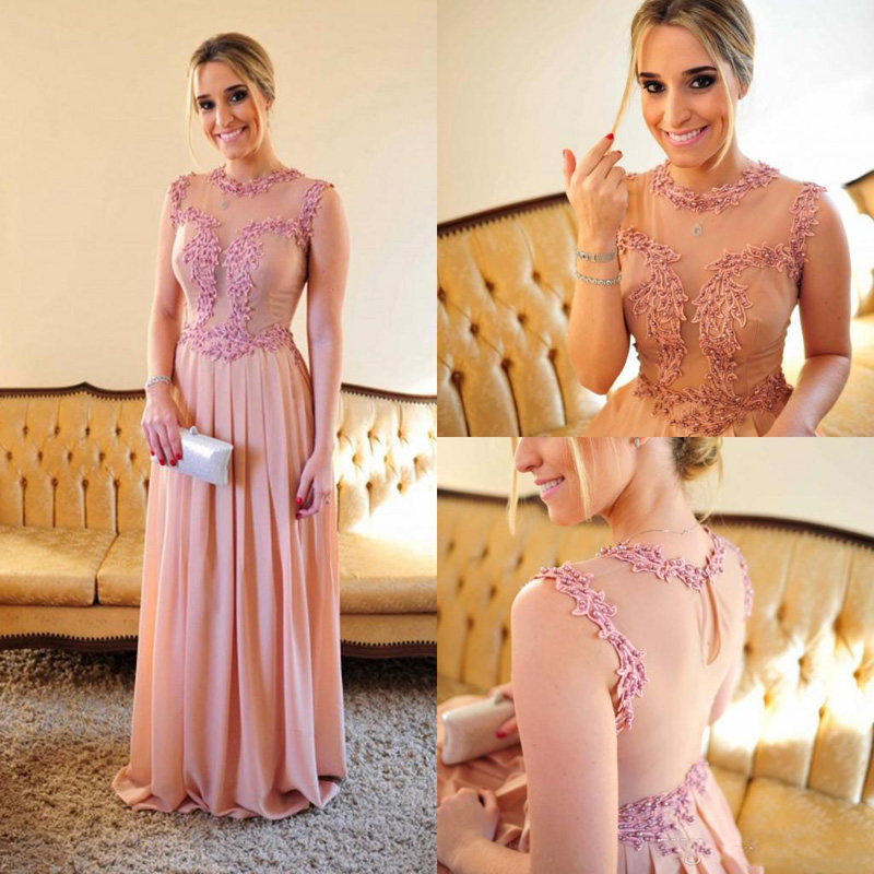 

2018 Sexy Sheer Back Crew Pink Evening Dress Floor Length Special Occasion Long With Beaded Evening Gown Lace, Dark navy