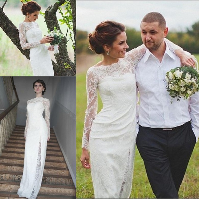 

Unique Designer Country Wedding Dresses Long Sleeve Full Lace Scoop Keyhole Back Bridal Gowns for Garden Weddings, White