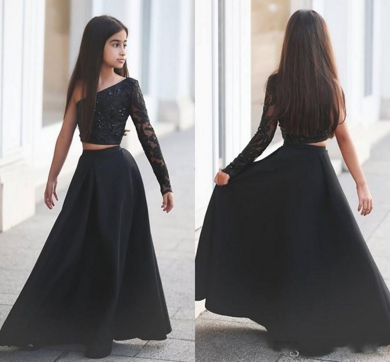 New style One-Shoulder Black Girl's Pageant Dresses Two Pieces Appliques Rhinestones Sheer Long Sleeve Long Kid Formal Party Dresses