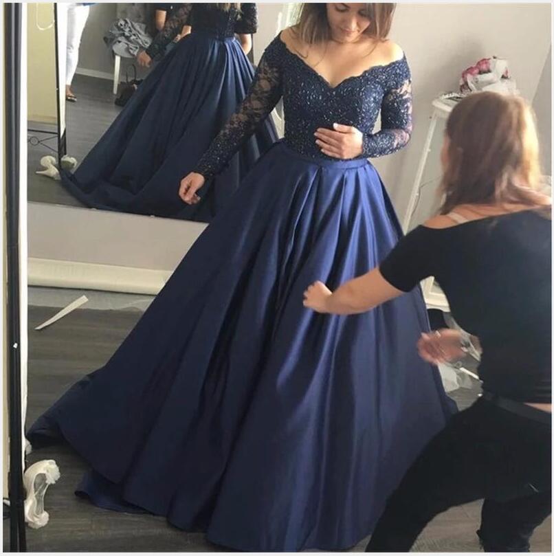 Navy Blue Evening Dresses Long Sleeve Off Shoulder V Neck Satin Lace Prom Dress Zipper Plus Size Party Gowns