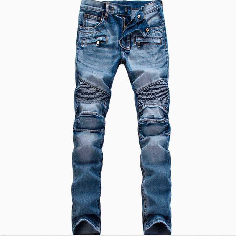 Vente en gros - Mode homme haute qualité Ripped Biker Jeans Hommes En détresse Moto Denim Joggers Lavé Jeans Plissés Pantalon Noir Bleu Blanc