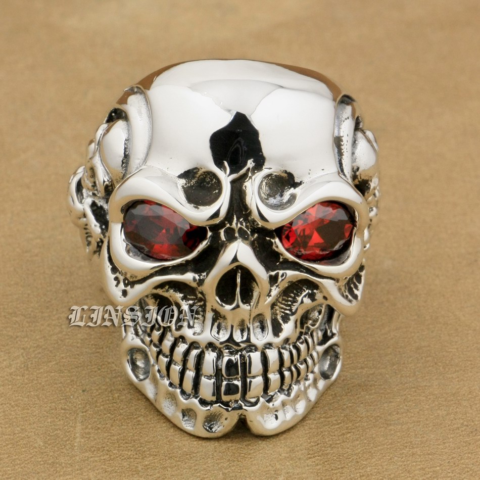 

LINSION Solid 925 Sterling Silver Titan Skull Red CZ Stone Eyes Mens Biker Punk Ring sterling-silver-jewelry 8V405 US Size 7~15