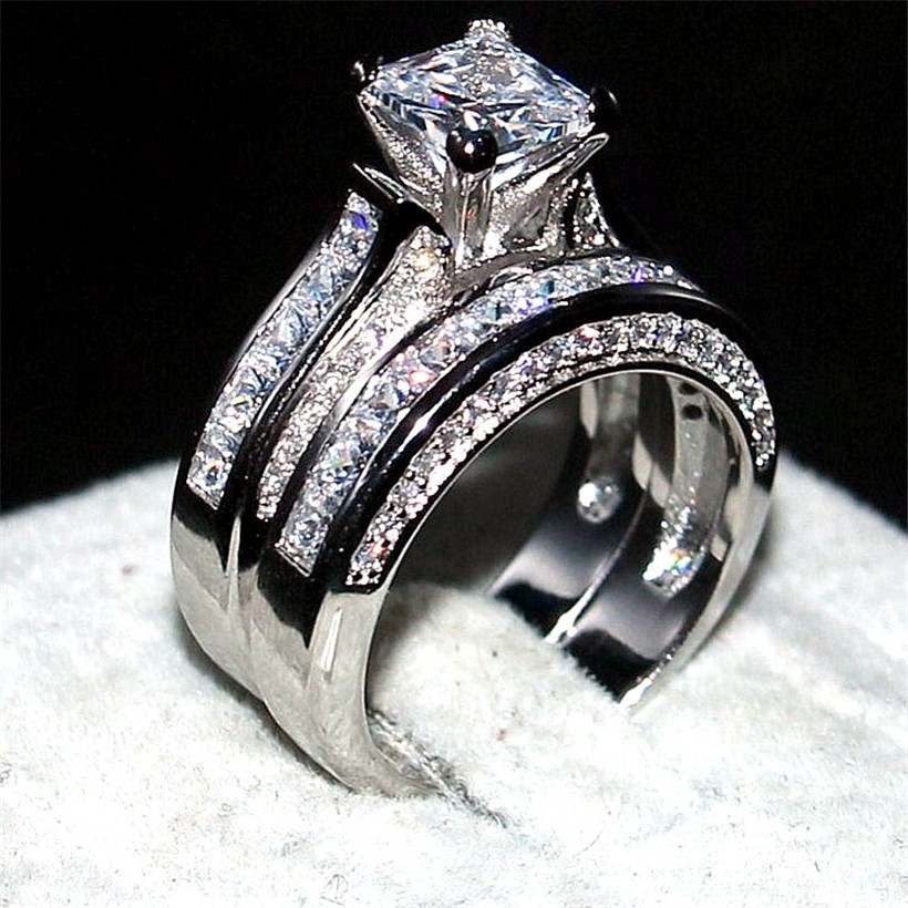 

Luxury Jewelry 14KT white gold filled Wedding Band Ring finger For Women 2-in-1 15ct 7*7mm Princess-cut Topaz Gemstone Rings Set