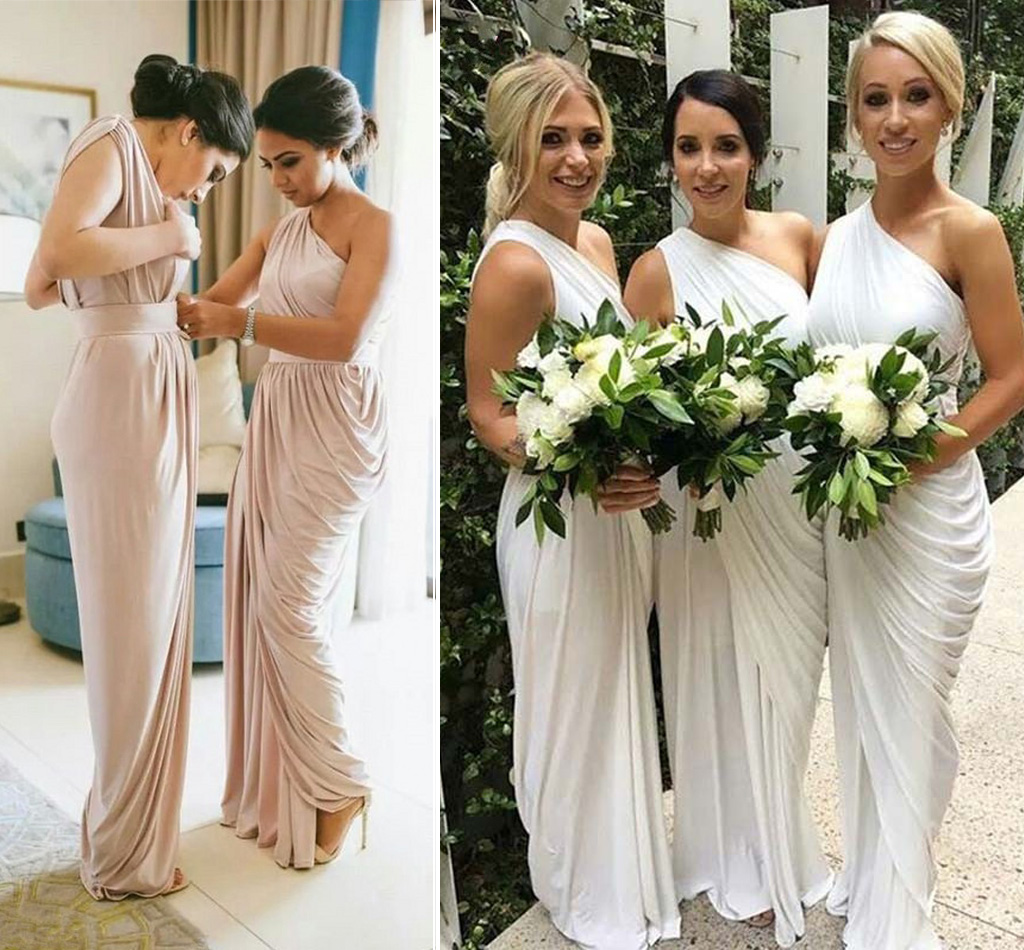 Elegant One Shoulder Champagne Bridesmaid Dresses Draped Satin Long Ivory Purple Party Dresses Maid Of Honor Split Wedding Guest Dresses