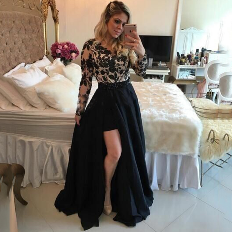 

Sexy See Through Dress Black Long Sleeves High Low Prom Dresses With Detachable Skirt Lace Applique Evening Party Dresses Gowns, Gold