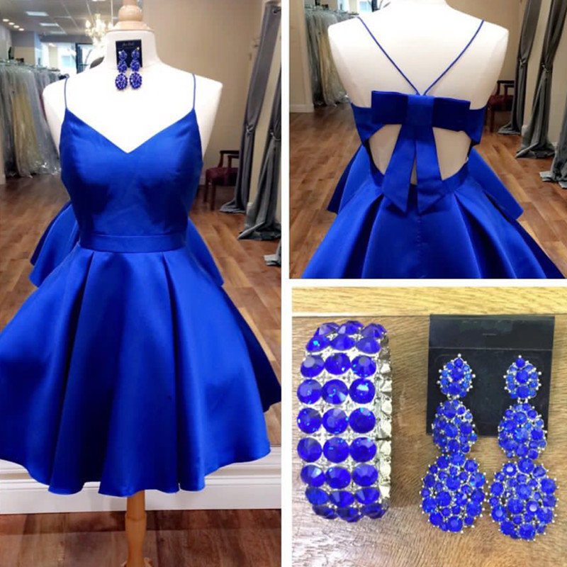 

Simple Royal Blue Short Homecoming Dresses V Neck Spaghetti Ruched Satin Bow Backless Red Party Dresses Cheap Prom Dresses