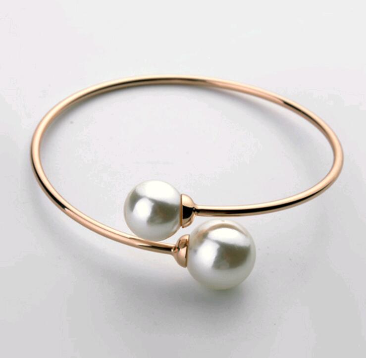 

Imitation Pearls 18K Gold Plated Alloy Cuff Bangle Bracelets for Ladies Fashion Simple Korean Bridal Jewelry