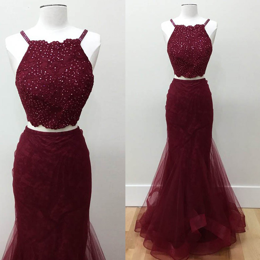 

Two-piece Sleeveless Mermaid Spaghetti-strap Beads Sexy Prom Dress Burgundy Lace Applique Evening Dress vestidos de fiesta largos, Royal blue